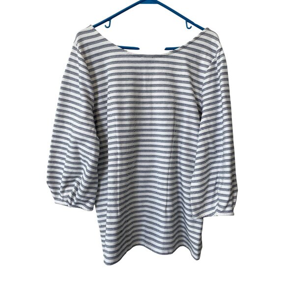 Talbots Top Plus Size X Textured 3/4 Puff Sleeve Tee White Navy Striped Nautical - Picture 3 of 7